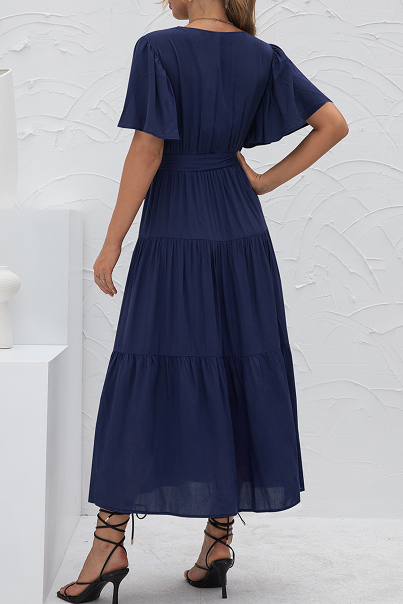 Elegant Solid Split Joint With Belt V Neck Cake Skirt Dresses(4 colors) - Fashionpara