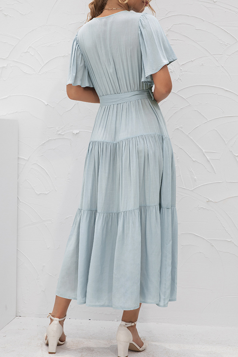 Elegant Solid Split Joint With Belt V Neck Cake Skirt Dresses(4 colors) - Fashionpara