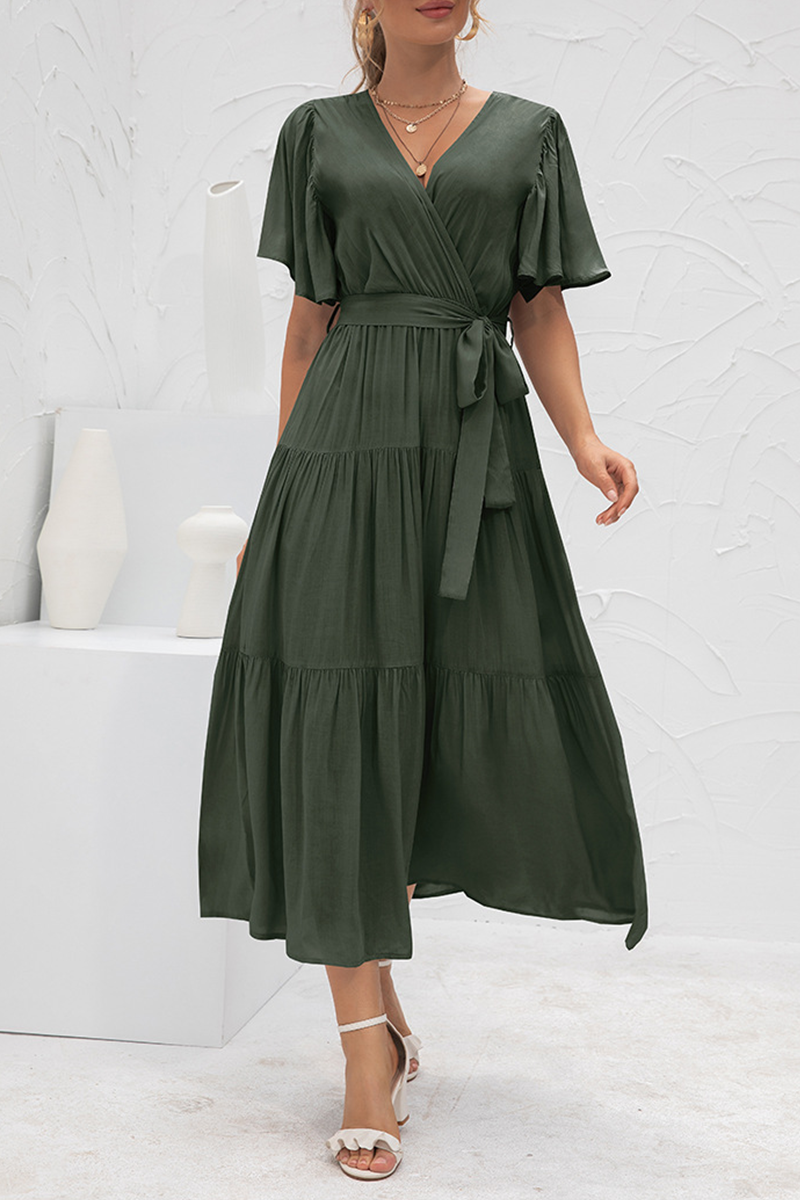 Elegant Solid Split Joint With Belt V Neck Cake Skirt Dresses(4 colors) - Fashionpara