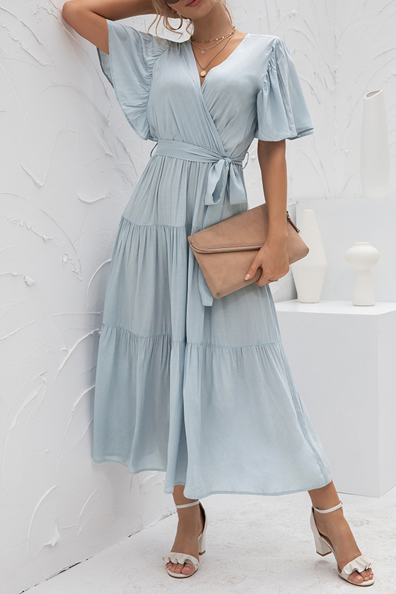 Elegant Solid Split Joint With Belt V Neck Cake Skirt Dresses(4 colors) - Fashionpara