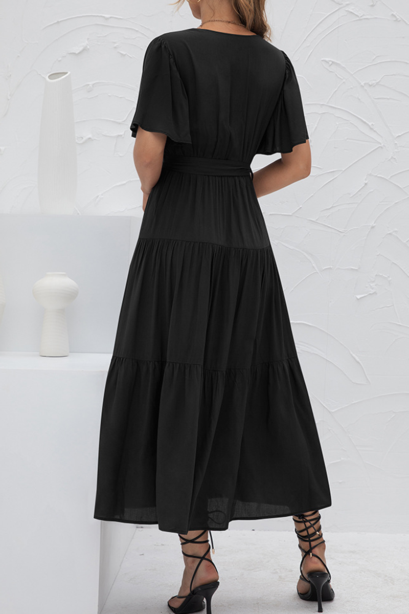 Elegant Solid Split Joint With Belt V Neck Cake Skirt Dresses(4 colors) - Fashionpara