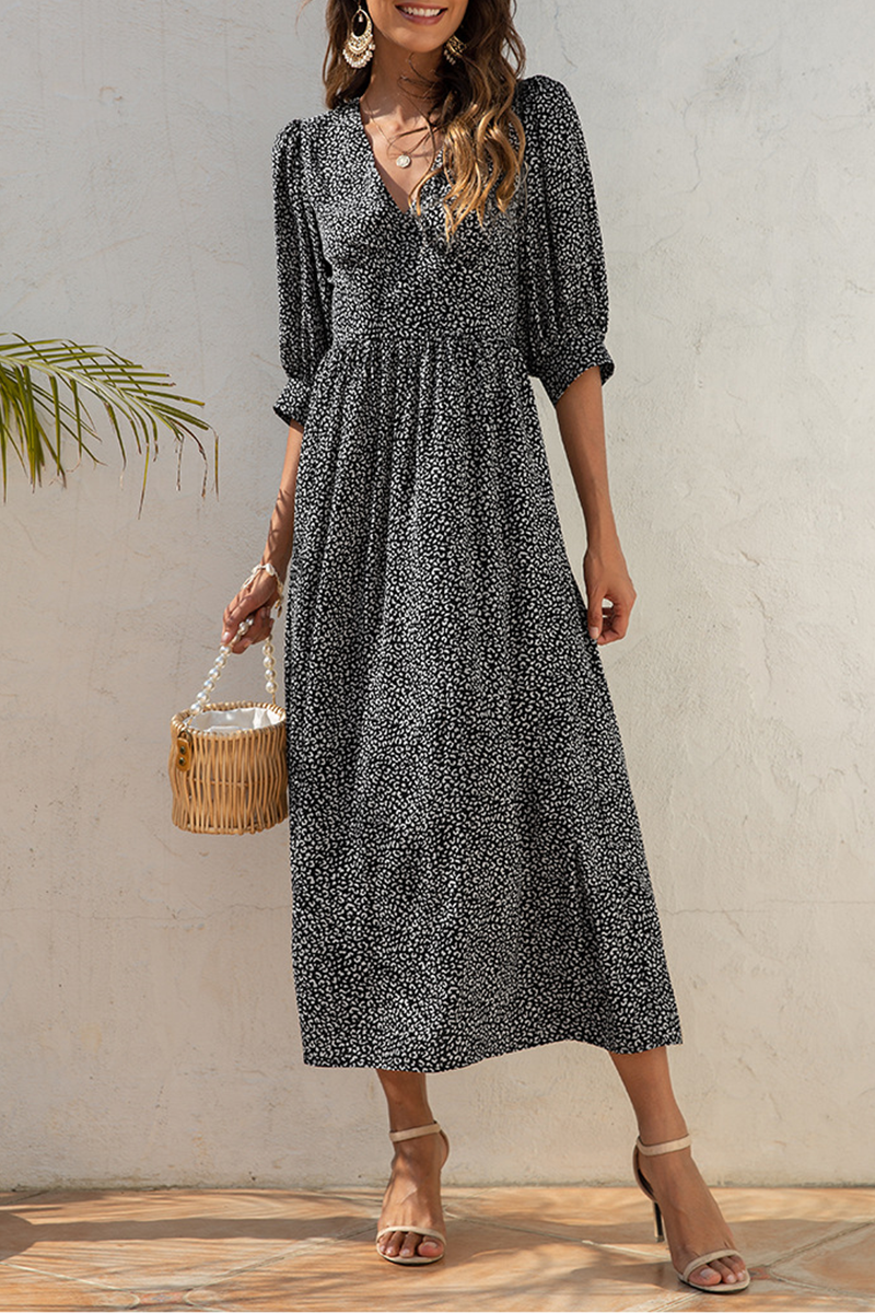 Elegant Floral Fold V Neck A Line Dresses - Fashionpara