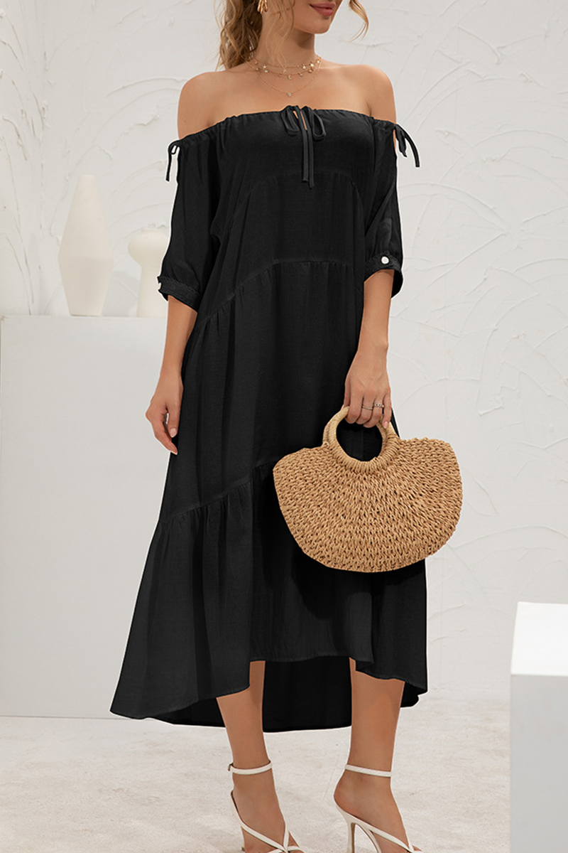 Elegant Solid Split Joint Frenulum Off the Shoulder Cake Skirt Dresses - Fashionpara