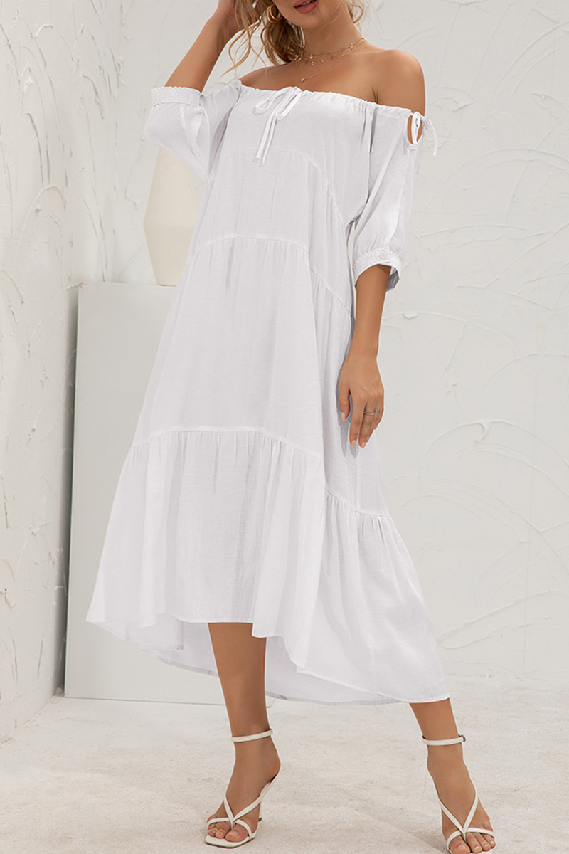 Elegant Solid Split Joint Frenulum Off the Shoulder Cake Skirt Dresses - Fashionpara