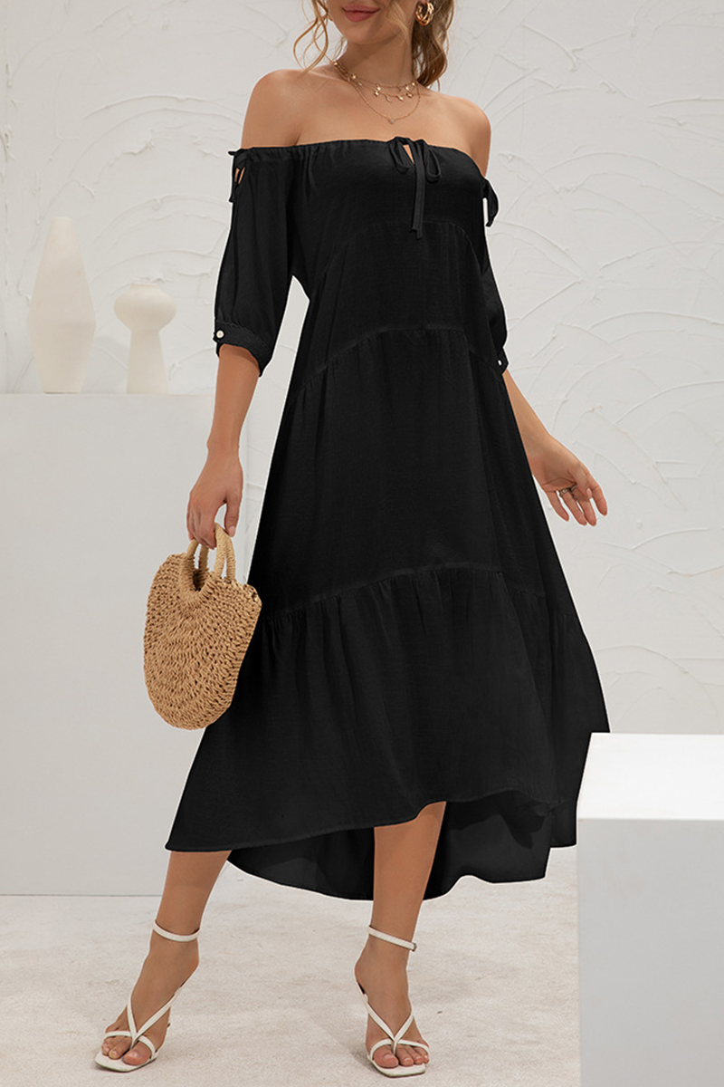 Elegant Solid Split Joint Frenulum Off the Shoulder Cake Skirt Dresses - Fashionpara