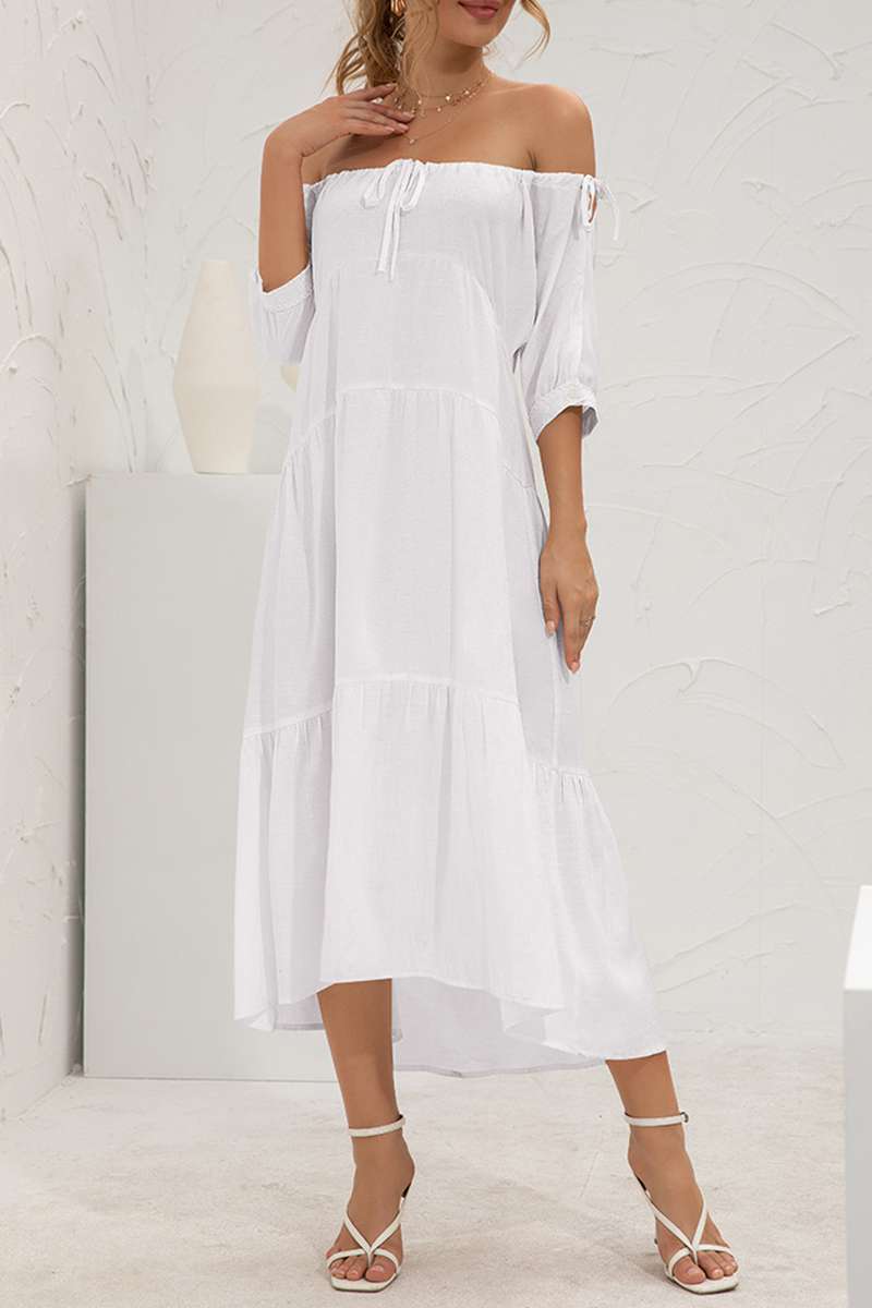 Elegant Solid Split Joint Frenulum Off the Shoulder Cake Skirt Dresses - Fashionpara