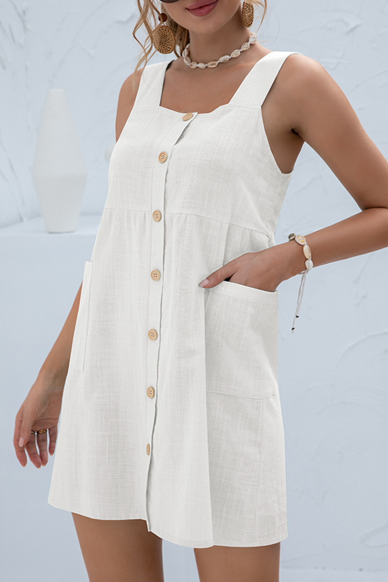 Sweet Solid Pocket Buckle Square Collar Strap Dress Dresses - Fashionpara