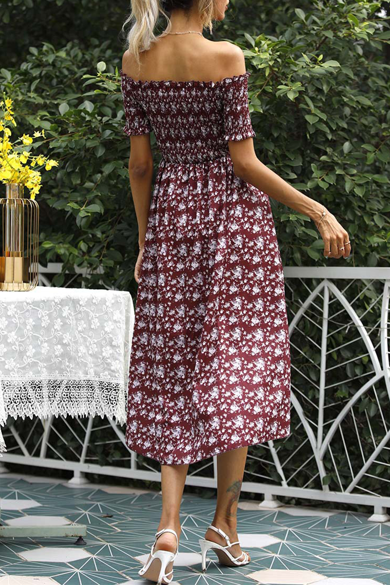 Elegant Floral Split Joint Off the Shoulder A Line Dresses - Fashionpara