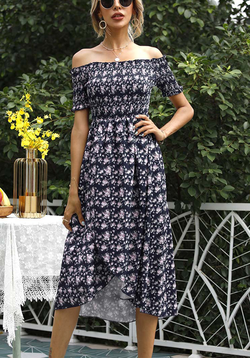 Elegant Floral Split Joint Off the Shoulder A Line Dresses - Fashionpara