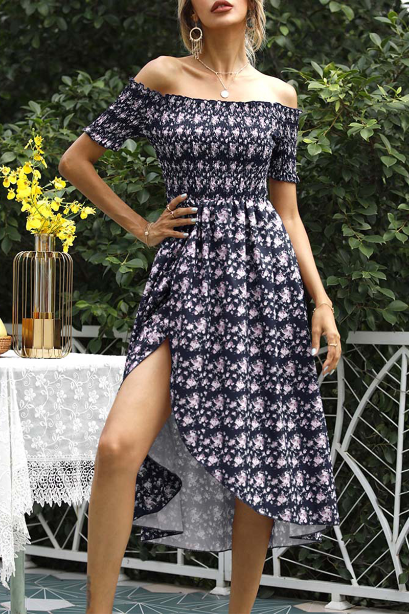 Elegant Floral Split Joint Off the Shoulder A Line Dresses - Fashionpara