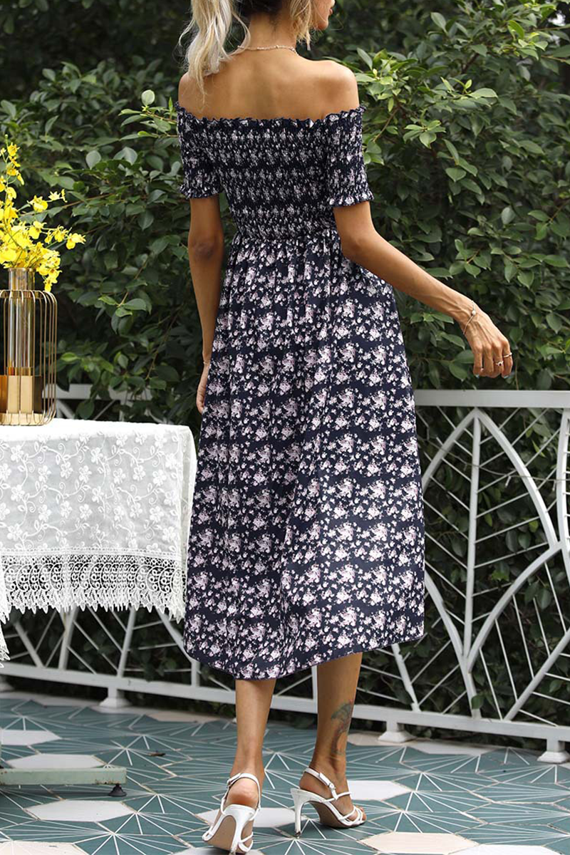 Elegant Floral Split Joint Off the Shoulder A Line Dresses - Fashionpara
