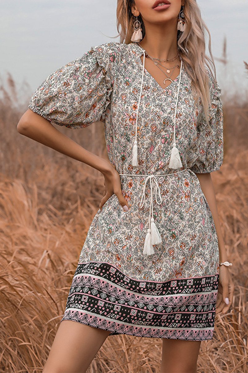 Elegant Floral Tassel Frenulum V Neck A Line Dresses - Fashionpara