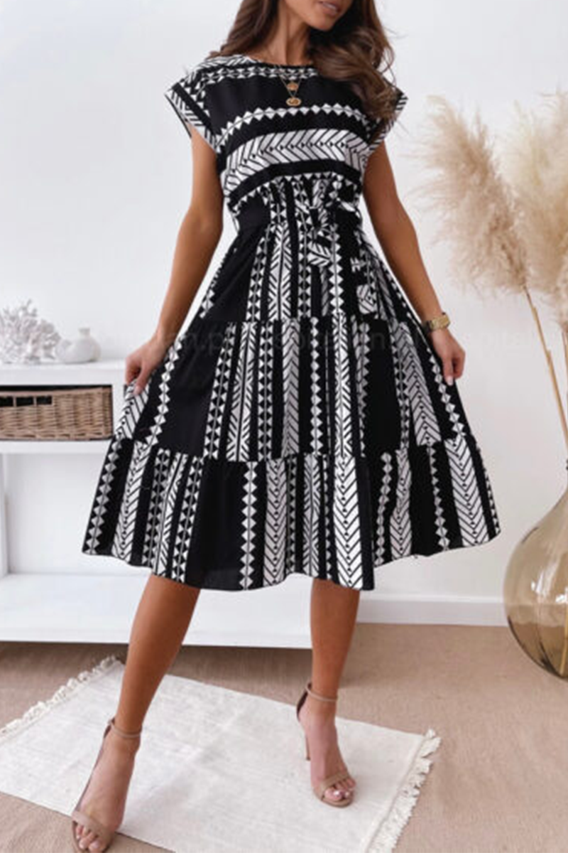 Elegant Print Strap Design O Neck A Line Dresses - Fashionpara