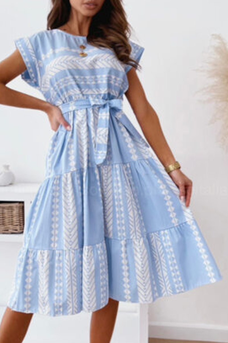 Elegant Print Strap Design O Neck A Line Dresses - Fashionpara