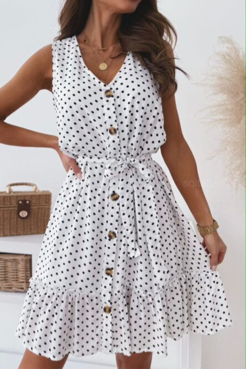 Elegant Dot Buckle With Belt V Neck A Line Dresses - Fashionpara