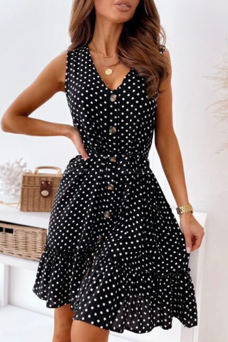 Elegant Dot Buckle With Belt V Neck A Line Dresses - Fashionpara