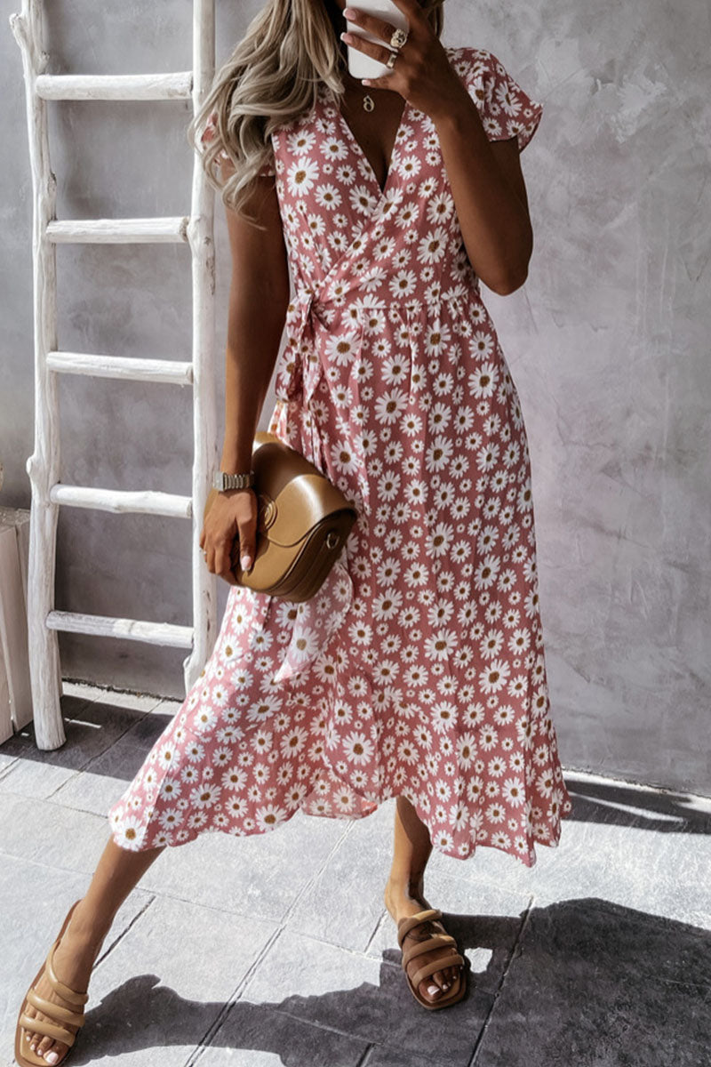 Fashion Bohemian Print Split Joint V Neck Irregular Dresses - Fashionpara