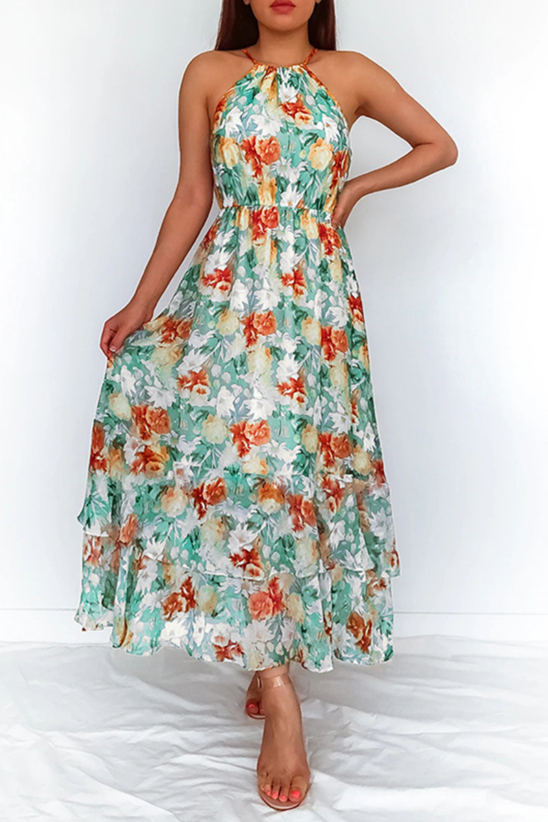 Elegant Floral Patchwork Halter Waist Skirt Dresses - Fashionpara