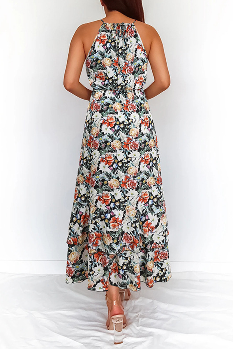 Elegant Floral Patchwork Halter Waist Skirt Dresses - Fashionpara