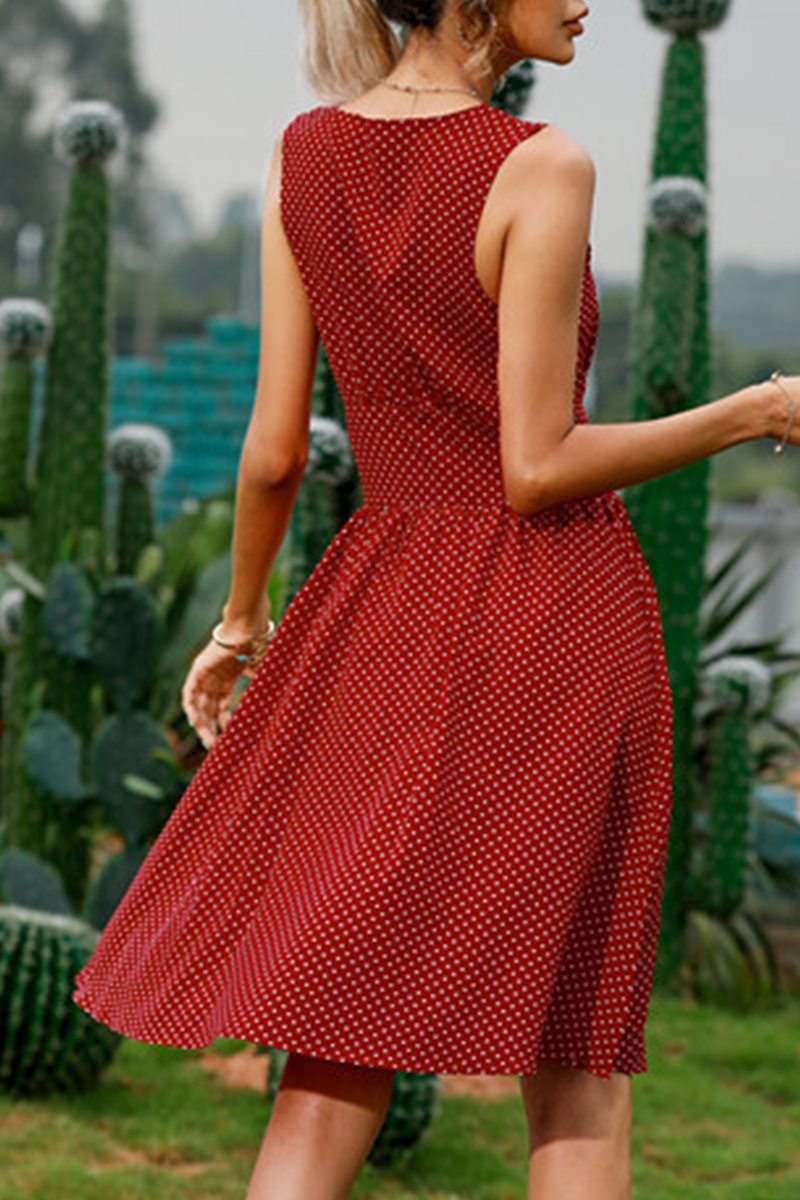Fashion Elegant Dot Buckle V Neck Waist Skirt Dresses - Fashionpara
