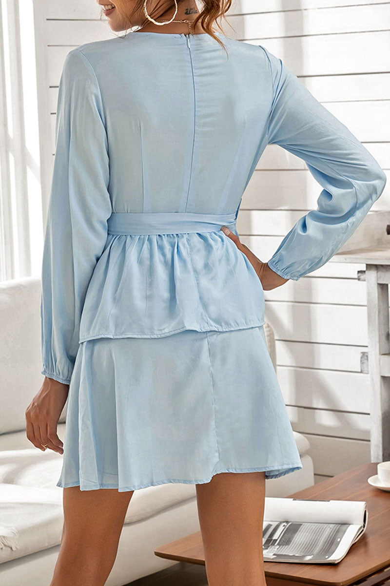 Fashion Sweet Solid Split Joint V Neck Cake Skirt Dresses - Fashionpara