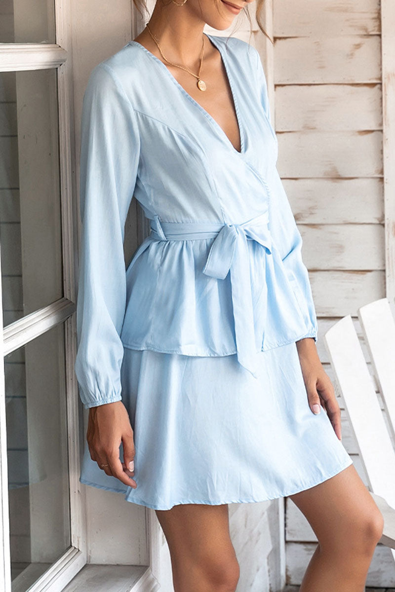 Fashion Sweet Solid Split Joint V Neck Cake Skirt Dresses - Fashionpara