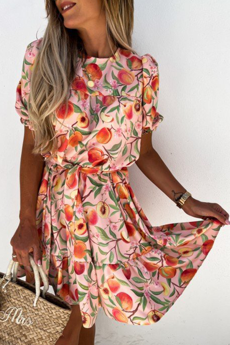 Fashion Elegant Floral With Belt O Neck A Line Dresses - Fashionpara