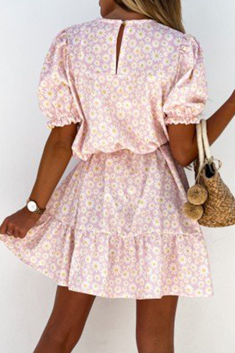 Fashion Elegant Floral With Belt O Neck A Line Dresses - Fashionpara