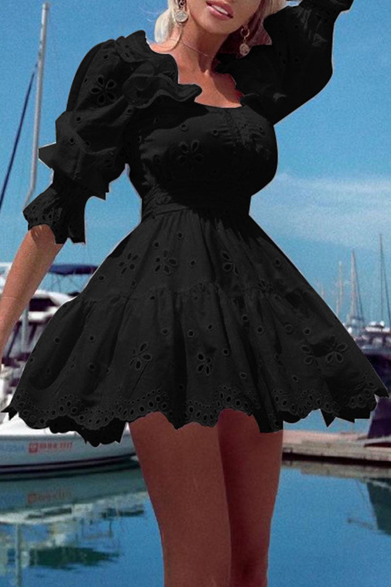 Fashion Casual Solid Split Joint Square Collar A Line Dresses - Fashionpara