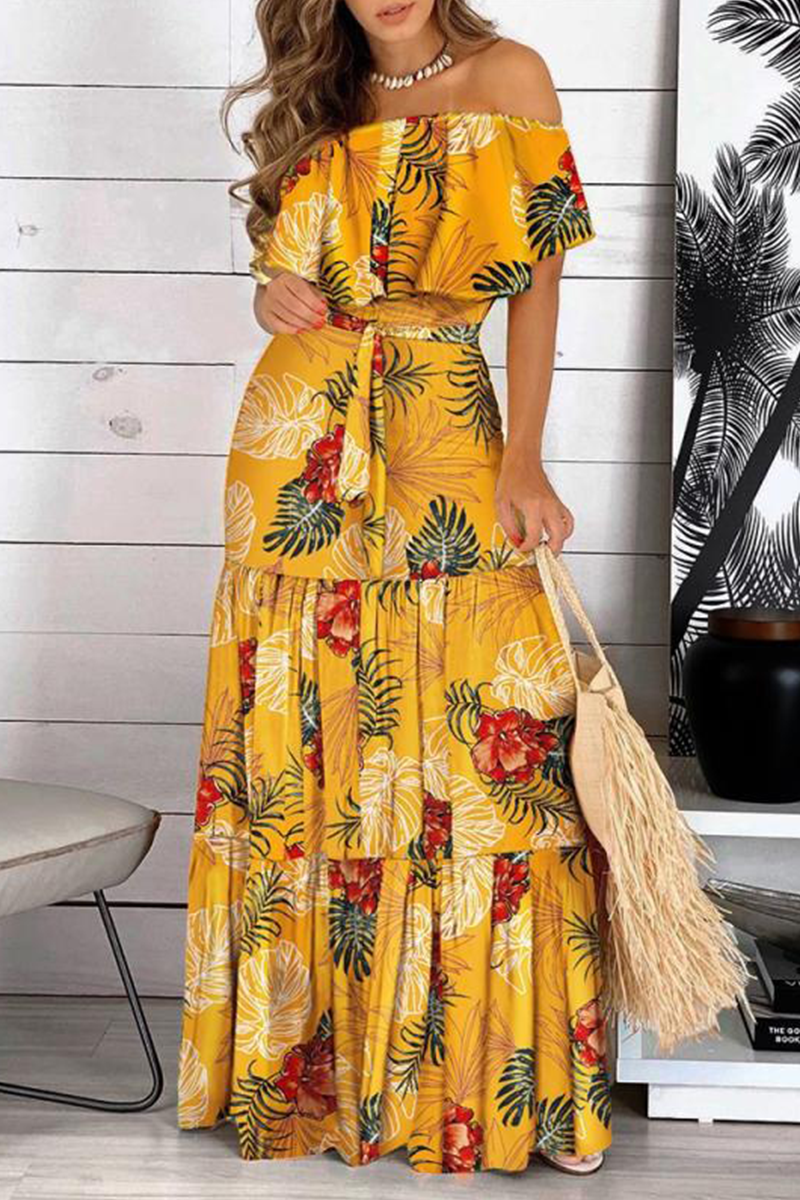 Elegant Floral Split Joint Flounce Off the Shoulder Cake Skirt Dresses(4 Colors) - Fashionpara