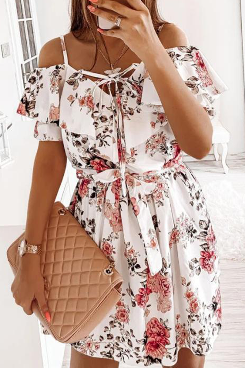 Elegant Floral Frenulum Flounce V Neck A Line Dresses - Fashionpara