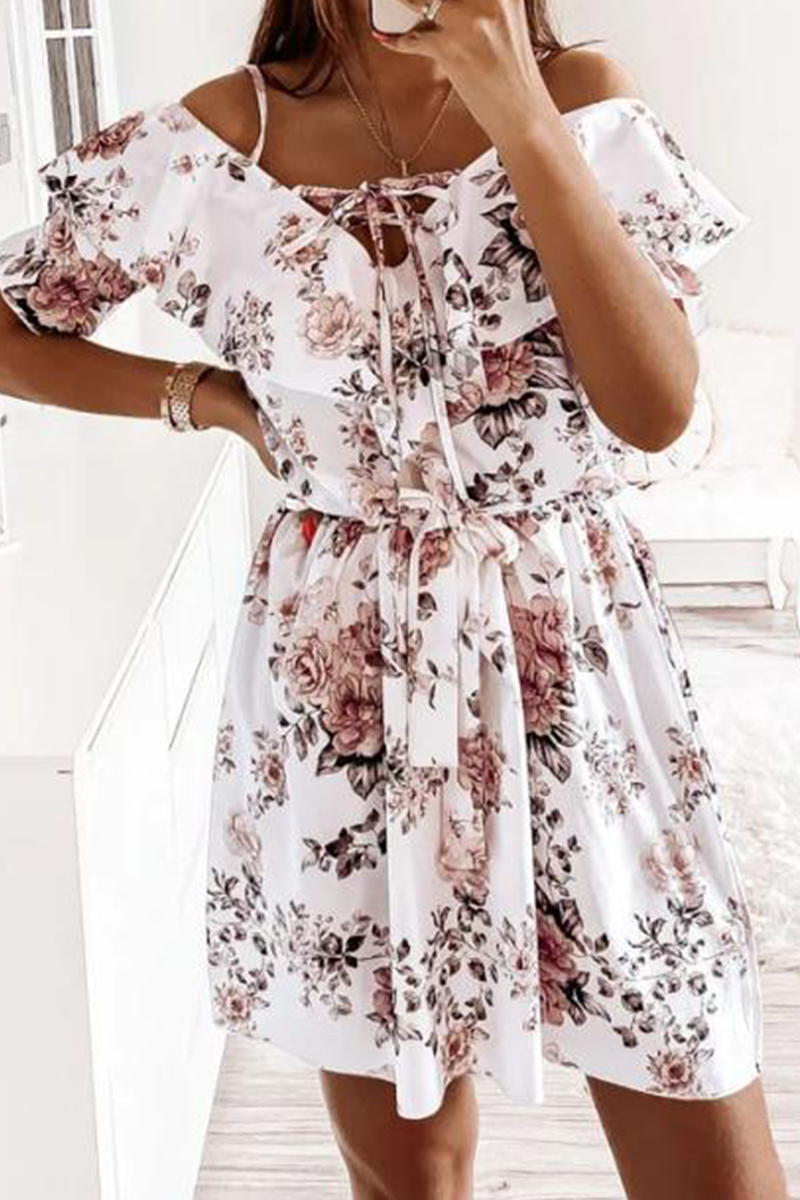 Elegant Floral Frenulum Flounce V Neck A Line Dresses - Fashionpara