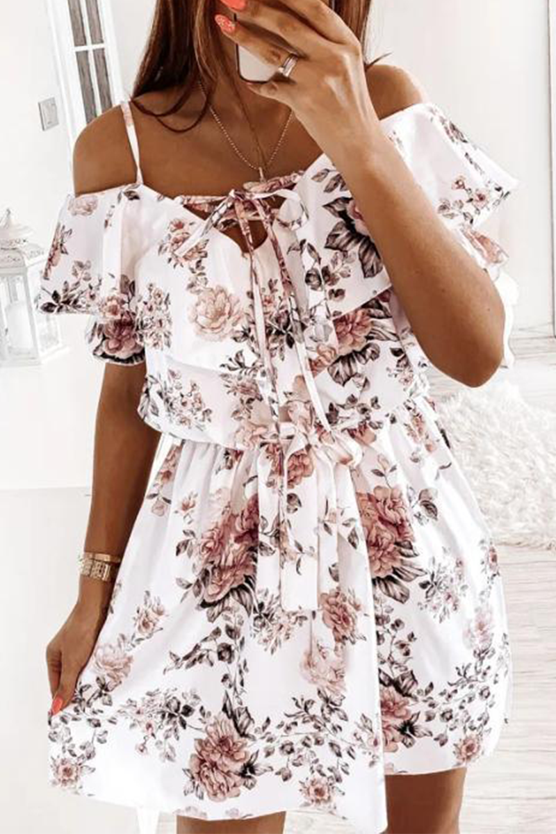 Elegant Floral Frenulum Flounce V Neck A Line Dresses - Fashionpara
