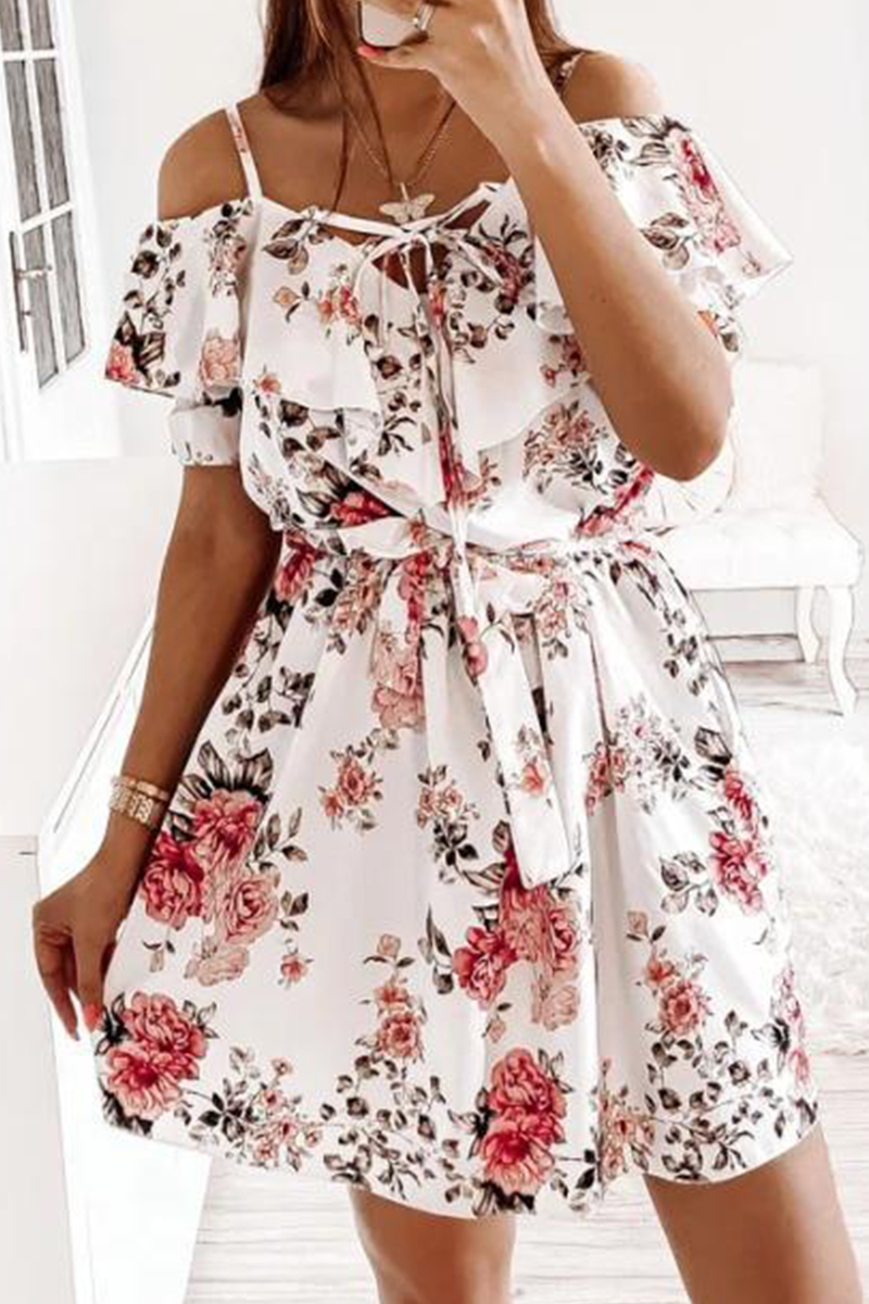 Elegant Floral Frenulum Flounce V Neck A Line Dresses - Fashionpara