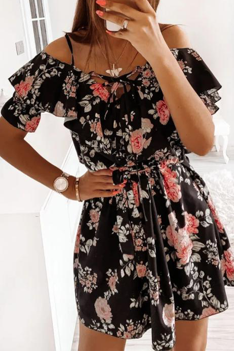 Elegant Floral Frenulum Flounce V Neck A Line Dresses - Fashionpara