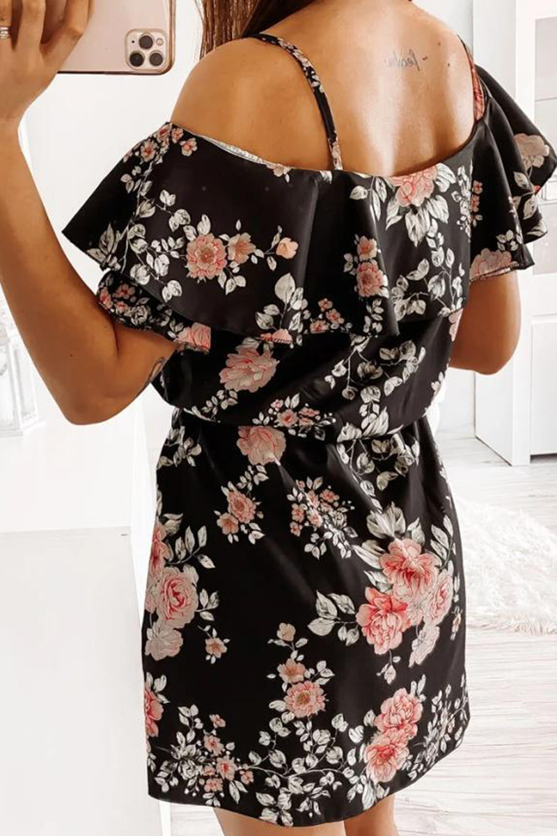 Elegant Floral Frenulum Flounce V Neck A Line Dresses - Fashionpara