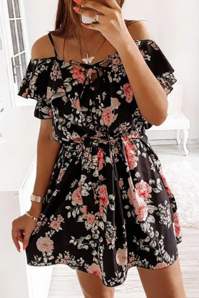 Elegant Floral Frenulum Flounce V Neck A Line Dresses - Fashionpara