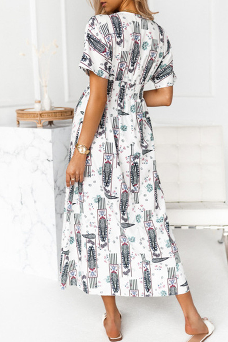 Fashion Elegant Print Tassel Split Joint V Neck A Line Dresses - Fashionpara