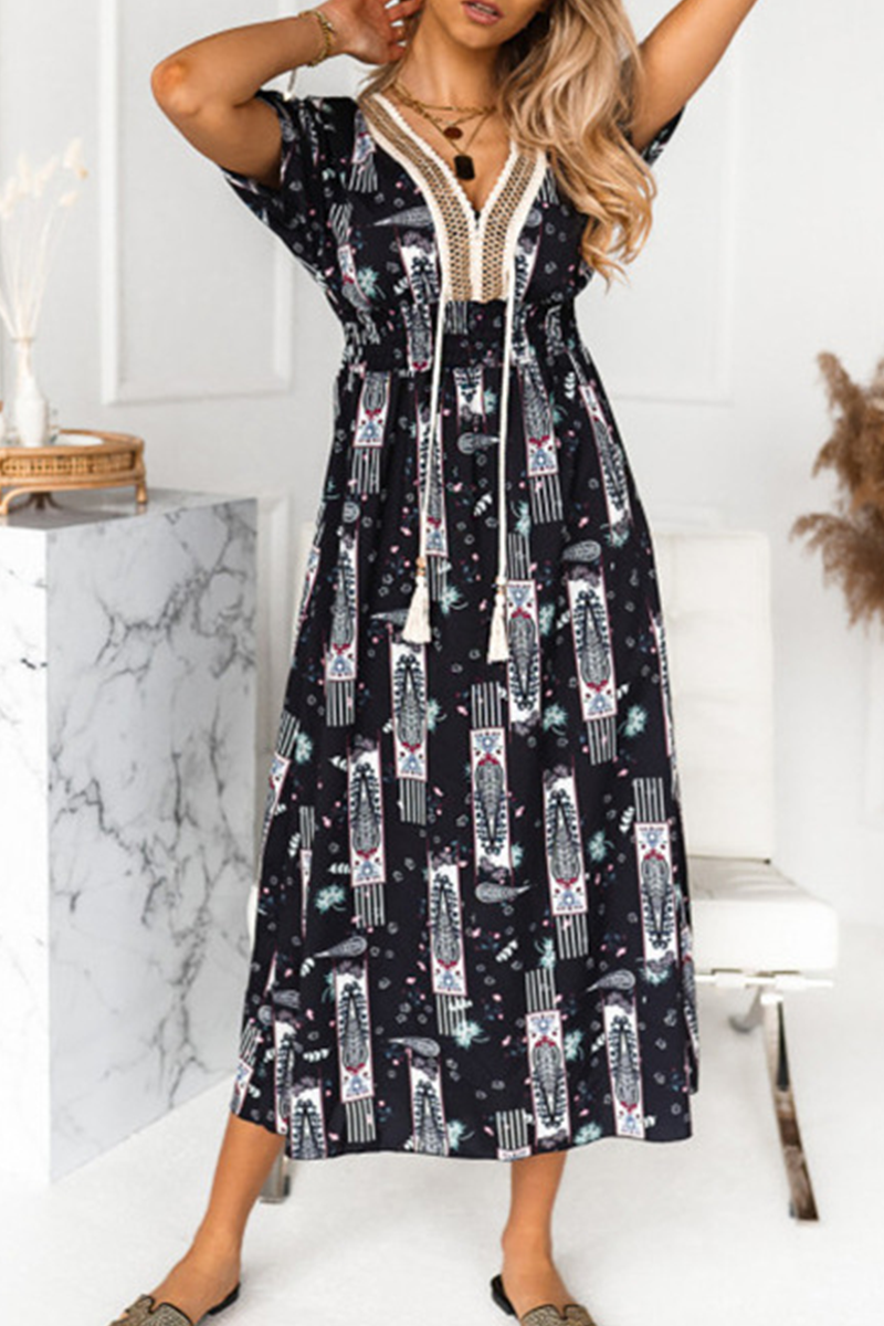 Fashion Elegant Print Tassel Split Joint V Neck A Line Dresses - Fashionpara