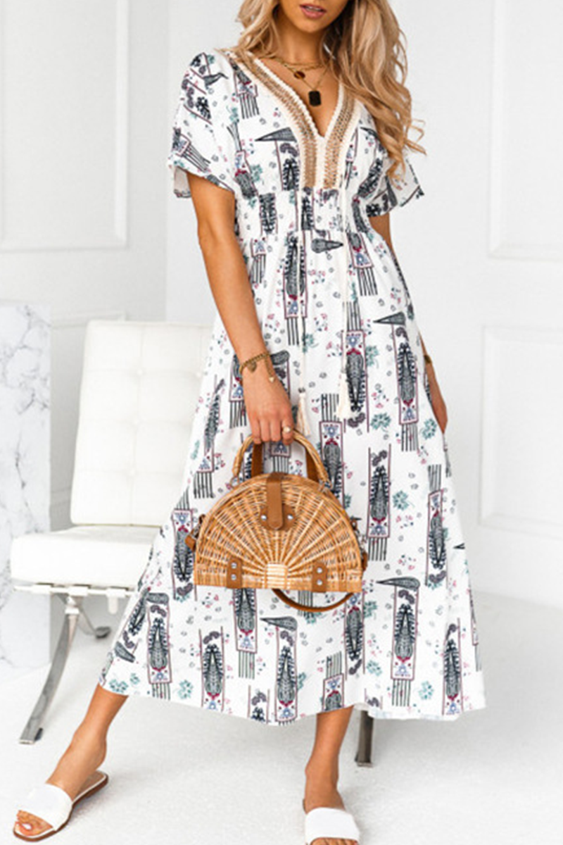 Fashion Elegant Print Tassel Split Joint V Neck A Line Dresses - Fashionpara