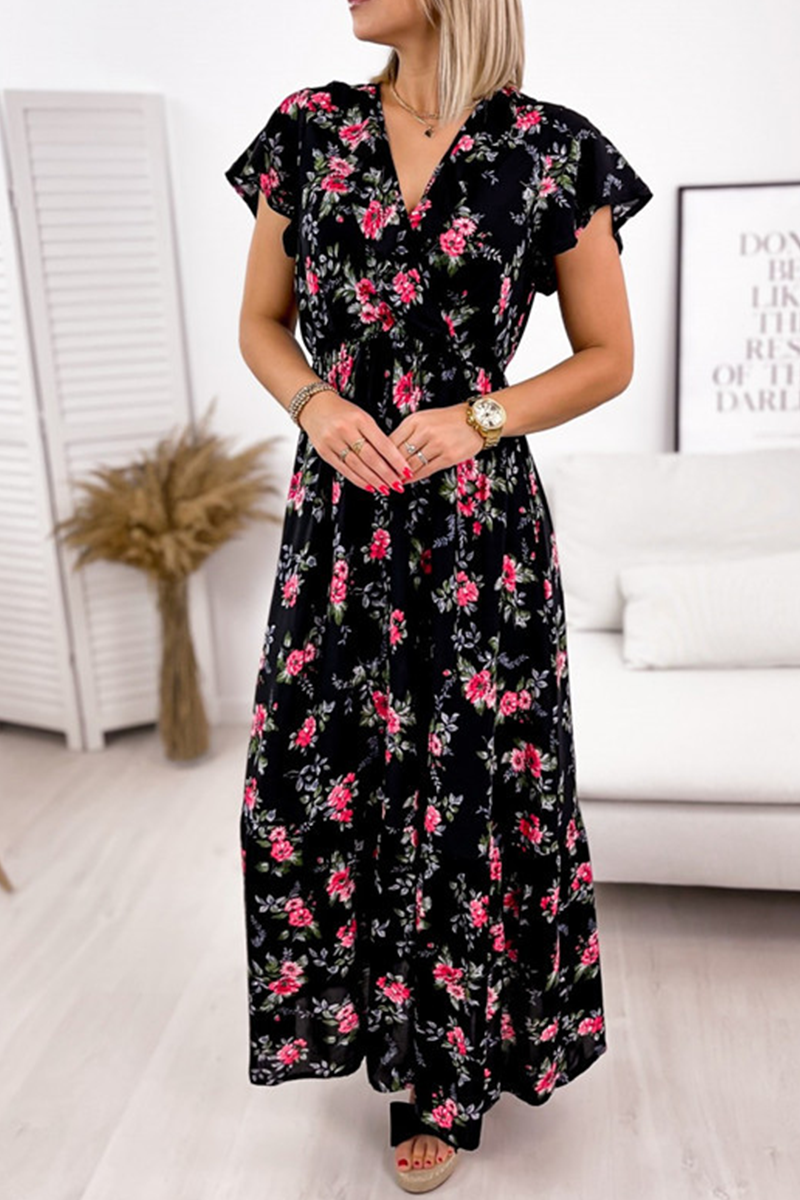 Fashion Elegant Floral Split Joint Flounce V Neck A Line Dresses - Fashionpara