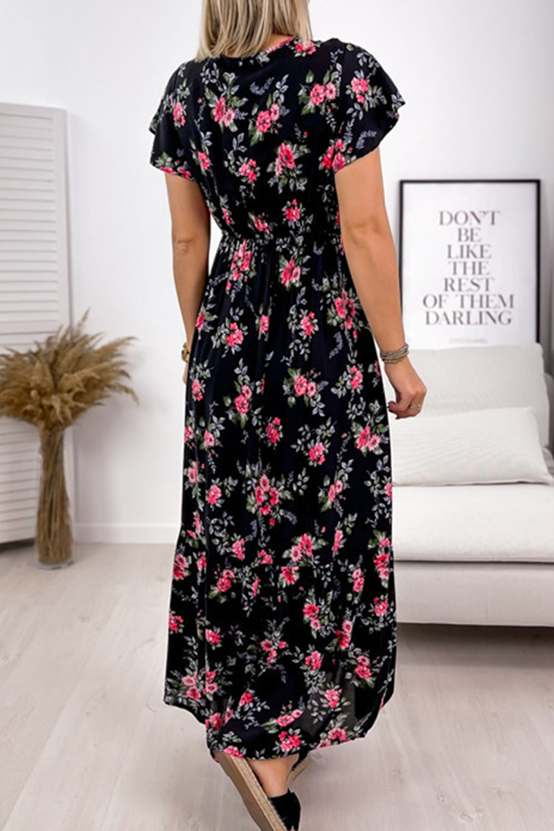 Fashion Elegant Floral Split Joint Flounce V Neck A Line Dresses - Fashionpara