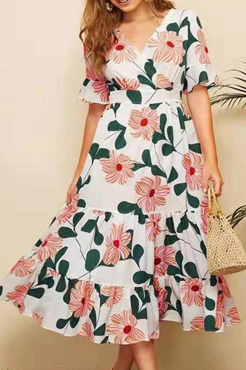 Fashion Street Print Split Joint V Neck A Line Dresses - Fashionpara