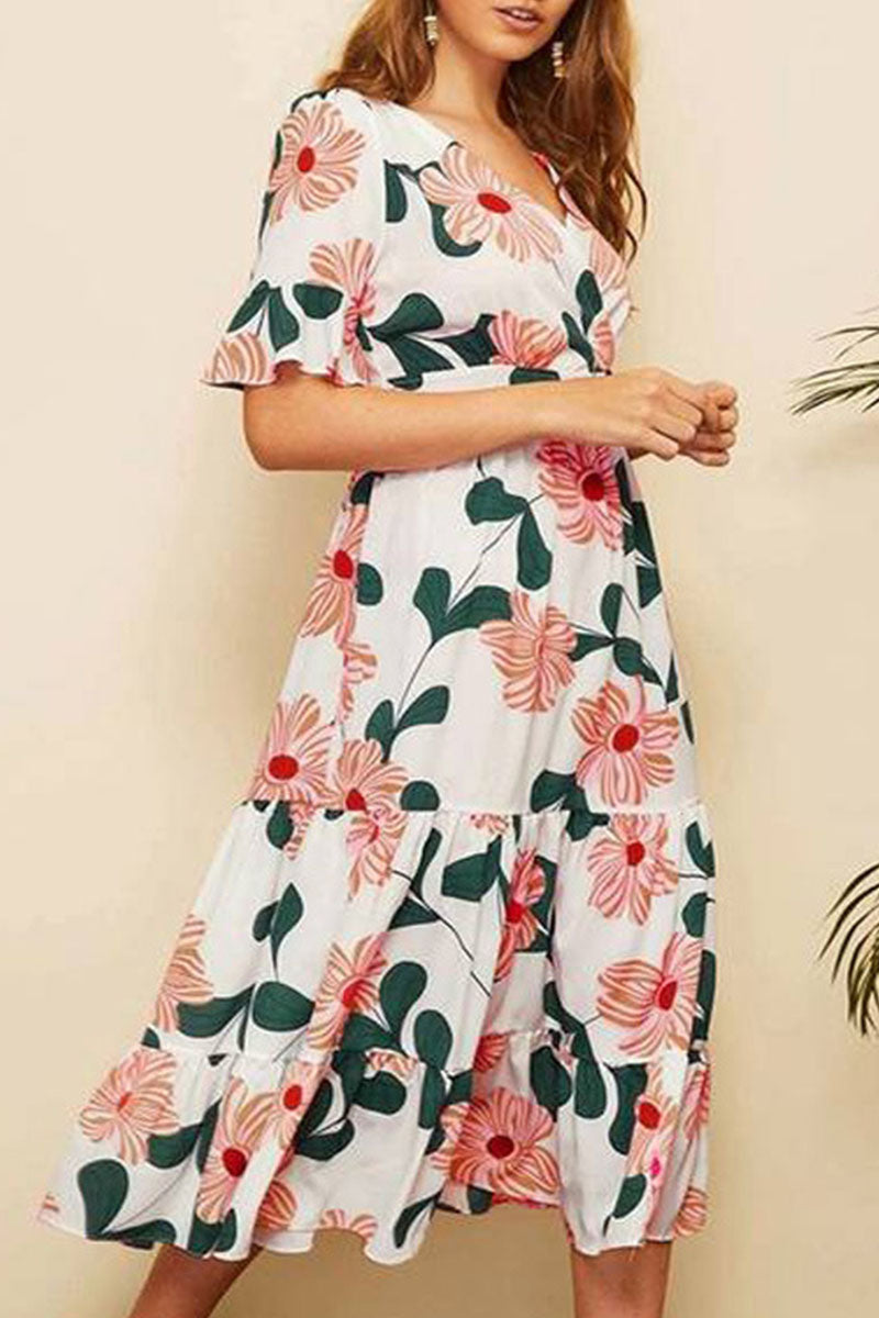 Fashion Street Print Split Joint V Neck A Line Dresses - Fashionpara