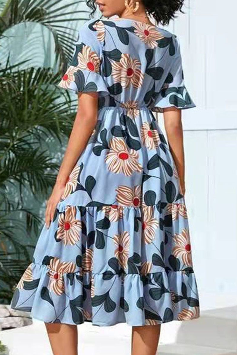 Fashion Street Print Split Joint V Neck A Line Dresses - Fashionpara