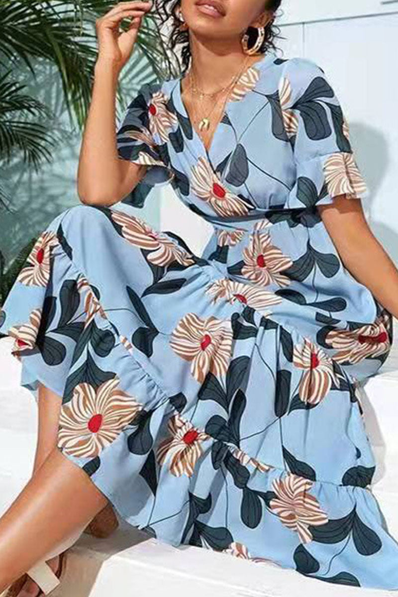 Fashion Street Print Split Joint V Neck A Line Dresses - Fashionpara