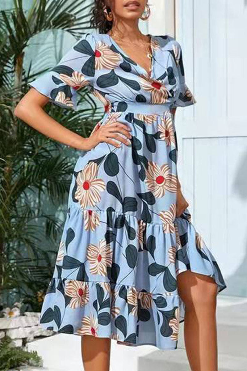 Fashion Street Print Split Joint V Neck A Line Dresses - Fashionpara