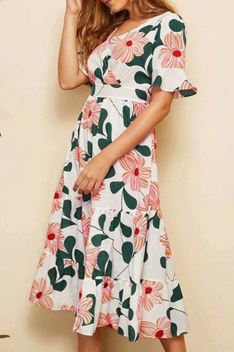 Fashion Street Print Split Joint V Neck A Line Dresses - Fashionpara