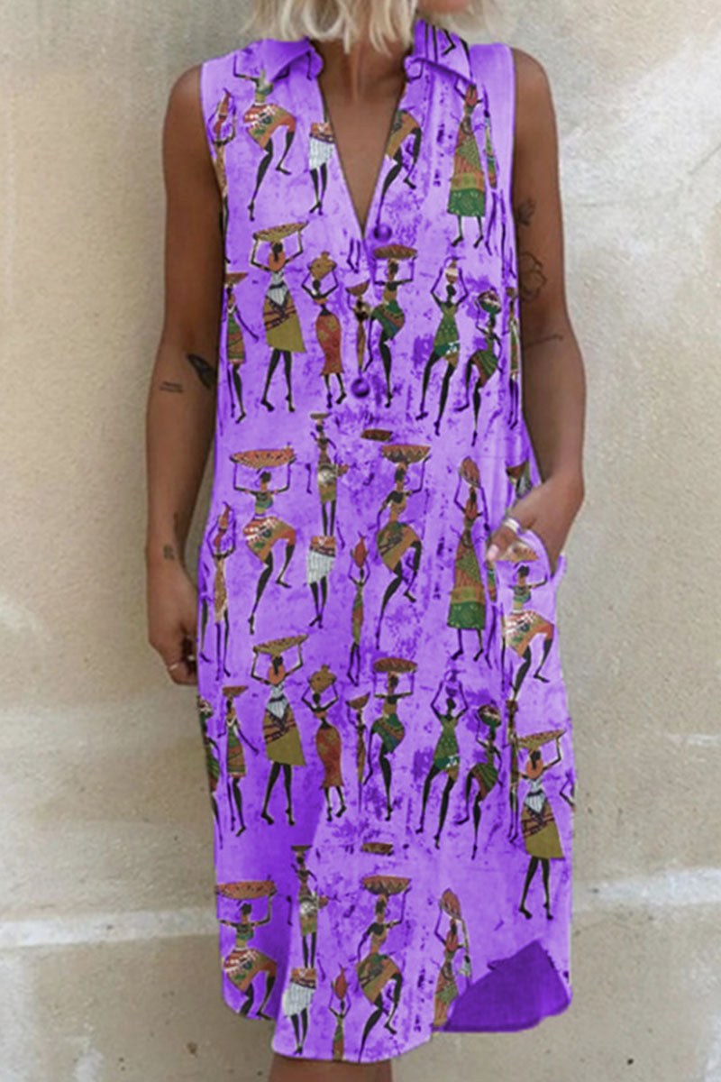 Fashion Casual Print Split Joint Turndown Collar A Line Dresses - Fashionpara