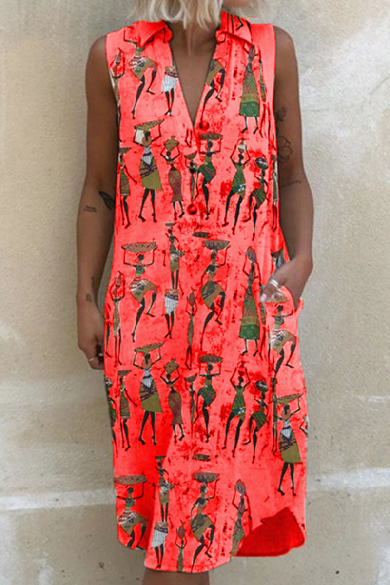 Fashion Casual Print Split Joint Turndown Collar A Line Dresses - Fashionpara